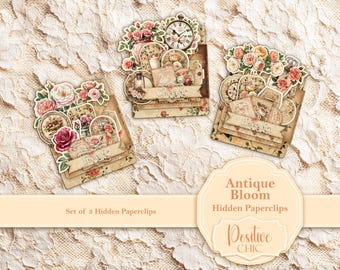 Zestaw antycznych spinaczy do papieru z ukrytymi spinaczami do papieru Rose Junk Journal Embellishments Shabby Chic Ephemera Clipart Scrapbooking Drukowalna zakładka do scrapbookingu