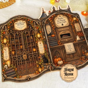 Op de afbeelding: Een Hollow Manor junk journal kit met een dubbelzijdige illustratie van een bibliotheek met een verboden sectie, ijzeren hekken, een zwarte kat, pompoenen en tekst waaronder The Restricted Section en Books Go Bump in the Night.