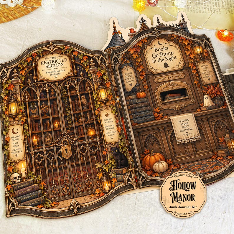 Op de afbeelding: Een Hollow Manor junk journal kit met een dubbelzijdige illustratie van een bibliotheek met een verboden sectie, ijzeren hekken, een zwarte kat, pompoenen en tekst waaronder The Restricted Section en Books Go Bump in the Night.