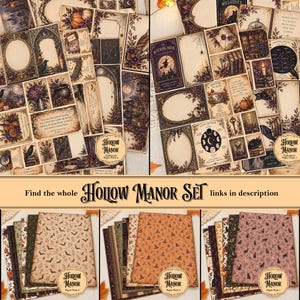 Op de afbeelding: Een collectie Hollow Manor ephemera papierpakketten met vintage-stijl illustraties van pompoenen, raven, heksen, maankalenders en gotische motieven in donkere, gedempte tinten. De set bevat diverse bedrukte papieren en decoratieve kaarten.