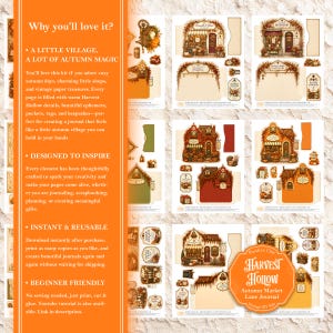 May include: A digital craft kit featuring Harvest Hollow autumn-themed paper ephemera, including illustrated shop fronts, tags, and journal pages with warm orange, brown, and red tones. The text includes Why you'll love it and Harvest Hollow.