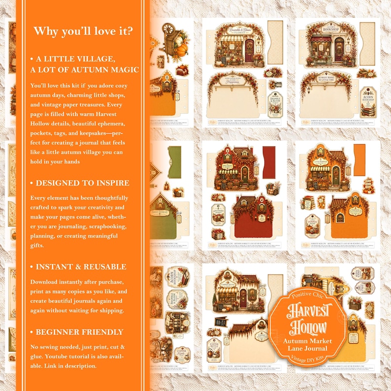 May include: A digital craft kit featuring Harvest Hollow autumn-themed paper ephemera, including illustrated shop fronts, tags, and journal pages with warm orange, brown, and red tones. The text includes Why you'll love it and Harvest Hollow.