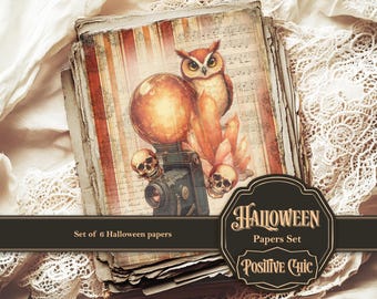 Può includere: Un set di sei fogli a tema Halloween con illustrazioni di un gufo, teschi e una macchina fotografica vintage. I fogli hanno un aspetto invecchiato e usurato con tonalità arancioni, marroni e crema. Il set è etichettato "Halloween Papers Set" da "Positive Chic."