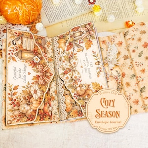 Puede incluir: Un diario de sobres hecho a mano con ilustraciones de temática otoñal de ardillas, conejos, pájaros, calabazas y follaje. Las páginas incluyen los textos Grateful for the Little Things y Let Beautiful Stories Find You, con detalles de encaje y una etiqueta beige que dice Positive Chic Cozy Season Envelope Journal Vintage DIY Kits.