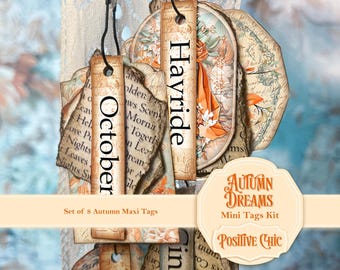 AUTUMN DREAMS Мini Tags Fall Gift Tags Junk Journal Tags Autumn Ephemera Tags Clipart Scrapbooking Tags Printable Fall Tags Digital Download