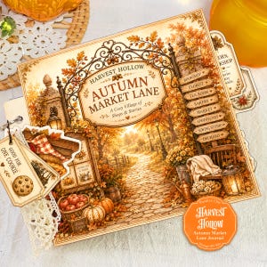 May include: A square journal titled Harvest Hollow Autumn Market Lane featuring a cobblestone path illustration, autumn foliage, and wooden signs for shops. Includes attached tags with cookie graphics and text reading Good for one cookie.