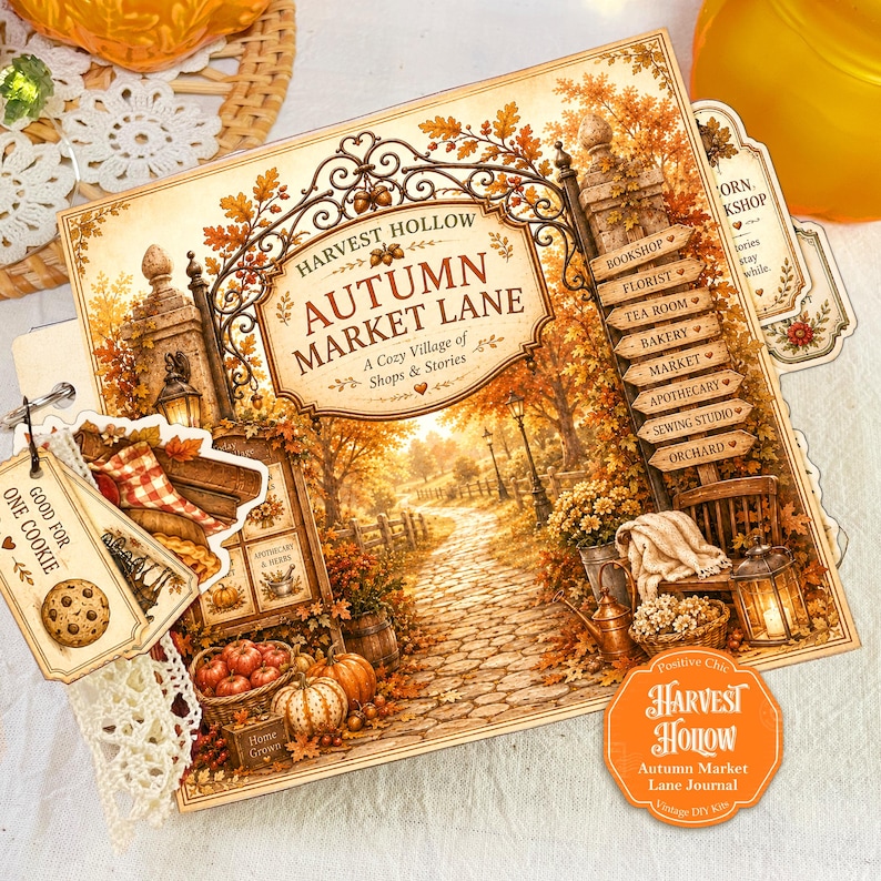 May include: A square journal titled Harvest Hollow Autumn Market Lane featuring a cobblestone path illustration, autumn foliage, and wooden signs for shops. Includes attached tags with cookie graphics and text reading Good for one cookie.