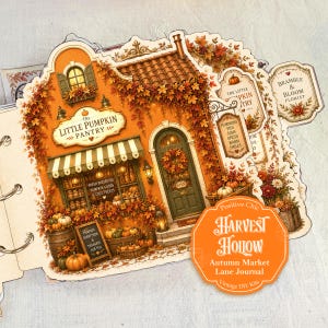 Op de afbeelding: Een gestanste papieren journal-pagina met een illustratie van de winkel The Little Pumpkin Pantry, oranje herfstbladeren, pompoenen en een gestreepte luifel. Een oranje label toont Harvest Hollow Autumn Market Lane Journal.