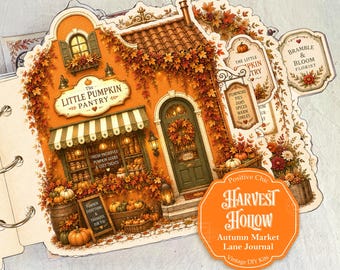 May include: A die-cut paper journal page featuring an illustration of The Little Pumpkin Pantry shop with orange autumn leaves, pumpkins, and a striped awning. An orange label in the corner reads Harvest Hollow Autumn Market Lane Journal.