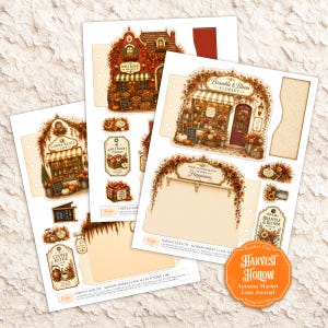 May include: A set of printable paper craft sheets featuring autumn-themed illustrations of the Copper Kettle Cafe, Apple Basket Market, and Bramble & Bloom Florist. Includes decorative tags, labels, and journal pages with fall foliage and text.
