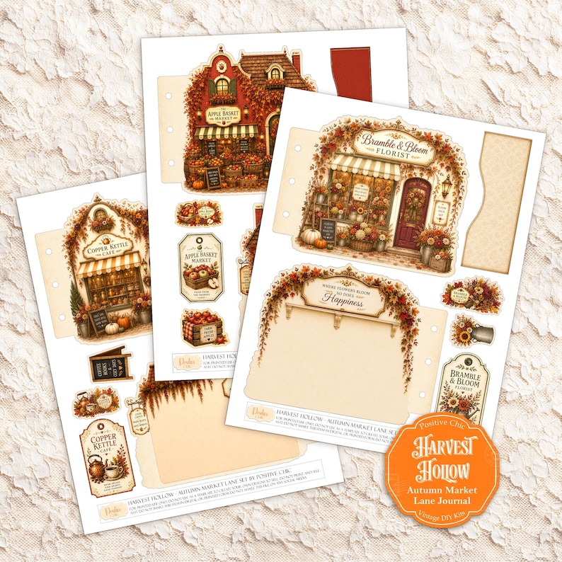 May include: A set of printable paper craft sheets featuring autumn-themed illustrations of the Copper Kettle Cafe, Apple Basket Market, and Bramble & Bloom Florist. Includes decorative tags, labels, and journal pages with fall foliage and text.