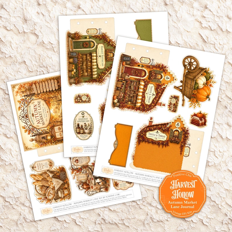 May include: A collection of printed paper sheets featuring die-cut illustrations of autumn-themed shops, a wooden cart with pumpkins, bread, and apothecary items. The sheets include text labels such as Harvest Hollow, Autumn Market Lane, and Thistle & Thread.