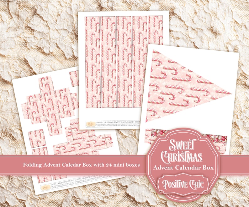 May include: A set of Christmas-themed paper sheets with candy cane patterns. The set includes a folding advent calendar box with 24 mini boxes, a triangular banner, and other decorative elements. The design features pink and white colors with the text "Sweet Christmas Advent Calendar Box".