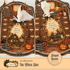 Op de afbeelding: Een Hollow Manor junk journal kit met twee decoratieve labels en cr&egrave;mekleurige stoffen linten. E&eacute;n label toont de tekst Home is where the heart is, de andere We're still looking for the rest of him, beide omringd door herfstbladeren, pompoenen en boeken.