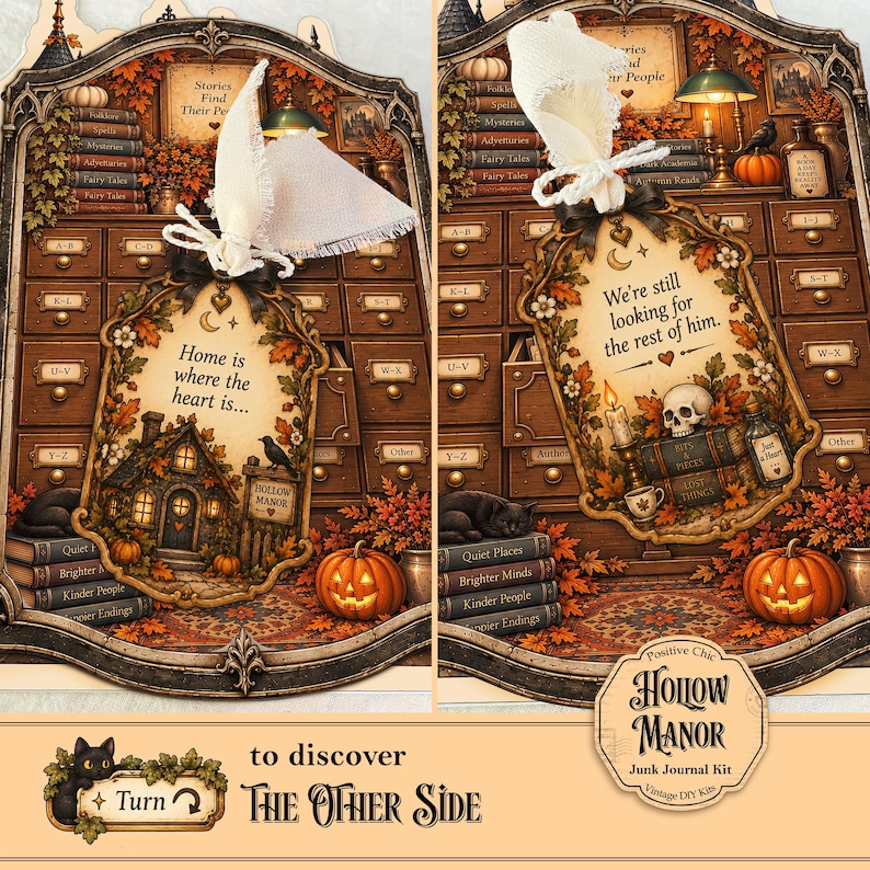 Op de afbeelding: Een Hollow Manor junk journal kit met twee decoratieve labels en cr&egrave;mekleurige stoffen linten. E&eacute;n label toont de tekst Home is where the heart is, de andere We're still looking for the rest of him, beide omringd door herfstbladeren, pompoenen en boeken.