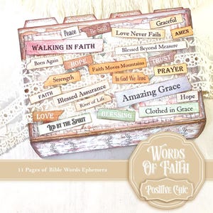 Pode incluir: Um conjunto de efemérides de papel decorativo com várias palavras e frases com temas bíblicos, incluindo "Walking in Faith" e "Amazing Grace". O conjunto apresenta um design floral e o texto "Words of Faith, Positive Chic".