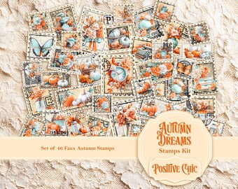 May include: A collection of 46 faux autumn stamps with vintage designs. The stamps feature pumpkins, flowers, butterflies, and clocks in shades of orange, teal, and cream. The text "Autumn Dreams Stamps Kit" and "Positive Chic" are also visible.