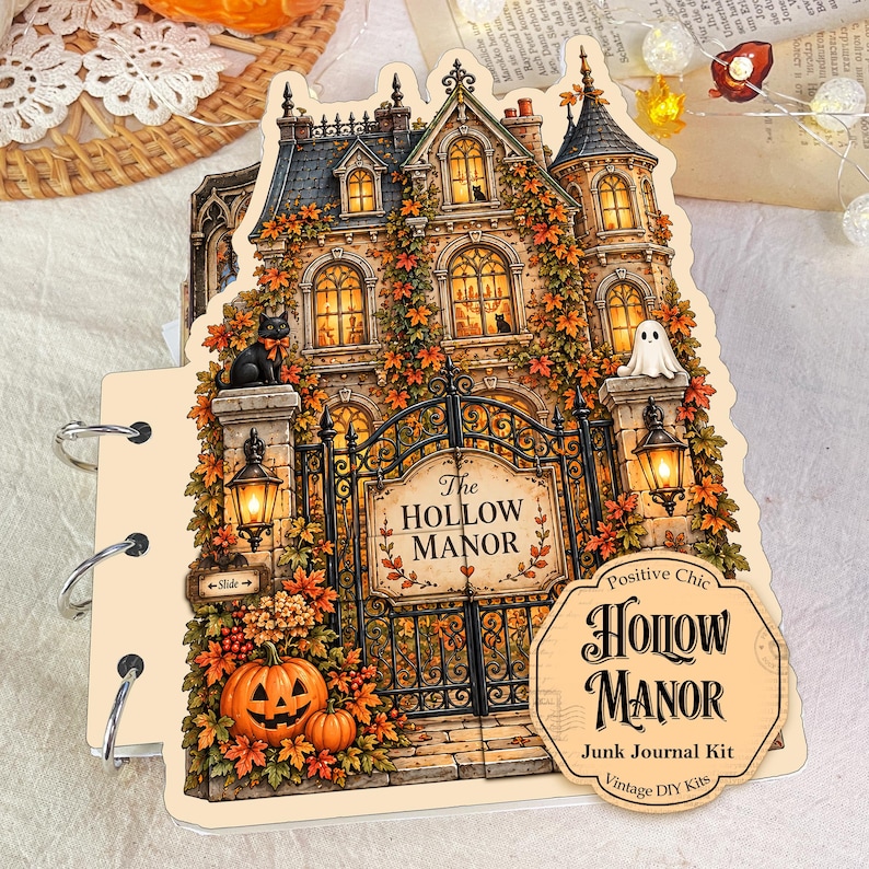 Op de afbeelding: Een junk journal kit getiteld The Hollow Manor met een gestanste kaft met een gedetailleerde illustratie van een landhuis, een zwarte kat, een geest en een pompoen. De kaft bevat metalen ringbanden en een label met de tekst Positive Chic Hollow Manor Junk Journal Kit.