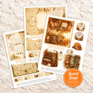 May include: A set of printable craft sheets featuring autumn-themed designs, including envelopes, labels, and illustrations of books, pumpkins, and foliage. The text includes Autumn Market Lane, Harvest Hollow, and Keepsakes From The Lane in warm tones.