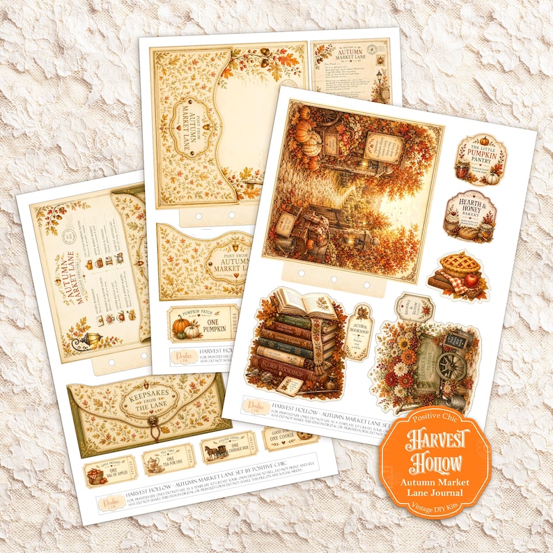May include: A set of printable craft sheets featuring autumn-themed designs, including envelopes, labels, and illustrations of books, pumpkins, and foliage. The text includes Autumn Market Lane, Harvest Hollow, and Keepsakes From The Lane in warm tones.