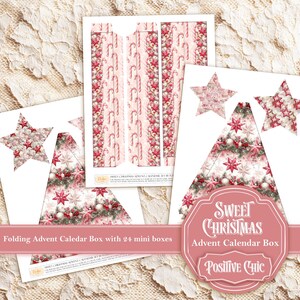 May include: A set of Christmas-themed paper cutouts for a folding advent calendar box. The design features candy canes, stars, and Christmas tree shapes in shades of pink, red, and white. The text on the image reads "Sweet Christmas Advent Calendar Box".