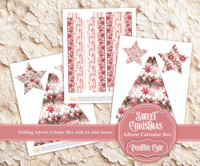 May include: A set of Christmas-themed paper cutouts for a folding advent calendar box. The design features candy canes, stars, and Christmas tree shapes in shades of pink, red, and white. The text on the image reads "Sweet Christmas Advent Calendar Box".