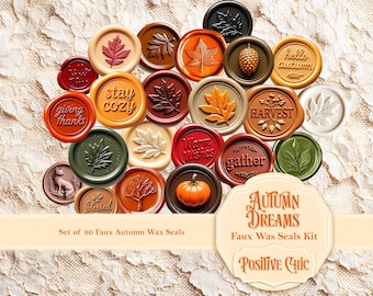 May include: A collection of faux autumn wax seals in various colors, including red, orange, brown, and green. The seals feature leaf, pumpkin, and text designs, with phrases like "Harvest" and "Stay Cozy". The text "Autumn Dreams" and "Positive Chic" are also visible.