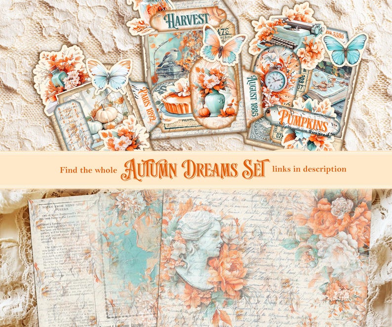 Może przedstawiać: Kolekcja jesiennych papierowych efemeryd z motylami, dyniami i kompozycjami kwiatowymi. Tekst zawiera "HARVEST", "PUMPKINS" i "AUTUMN DREAMS SET". Paleta kolor&oacute;w obejmuje odcienie pomarańczu, turkusu i kremu.