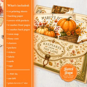 May include: A craft kit titled Keepsakes from the Lane featuring autumn-themed paper ephemera, including pumpkin illustrations, market scenes, and foliage. The set includes 14 printing sheets, backing paper, pockets, tags, and cards, designed to print at 8.5x11 inches.