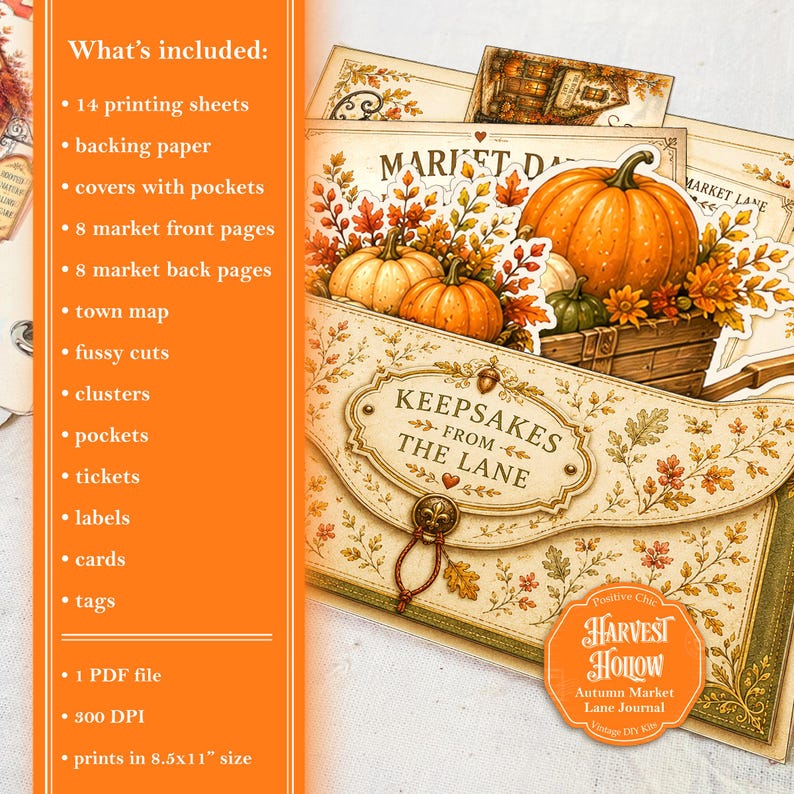 May include: A craft kit titled Keepsakes from the Lane featuring autumn-themed paper ephemera, including pumpkin illustrations, market scenes, and foliage. The set includes 14 printing sheets, backing paper, pockets, tags, and cards, designed to print at 8.5x11 inches.