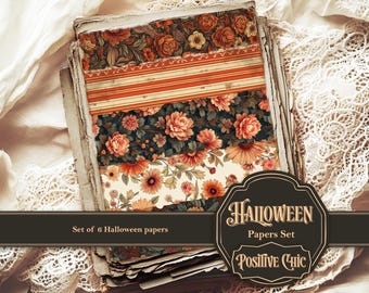 Può includere: Un set di sei fogli a tema Halloween con motivi floreali e a righe nei toni dell'arancione, marrone e crema. I fogli hanno un aspetto vintage. Il set è etichettato come "Halloween Papers Set" da "Positive Chic".