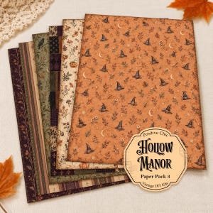 Puede incluir: Un conjunto de hojas de papel decorativas rectangulares con varios patrones de temática otoñal que incluyen sombreros de bruja, lunas crecientes, calabazas y follaje. Una etiqueta octogonal beige muestra el texto Positive Chic HOLLOW MANOR Paper Pack 3 Vintage DIY Kits.