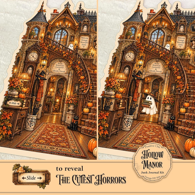 Op de afbeelding: Een gestanste papieren knutselset met een tweedelige illustratie van een spookhuisinterieur met pompoenen, geesten, een zwarte kat en een grote trap. Tekst bevat "Welcome Strange Beautiful Souls", "Books Botanicals Curiosities & Ghostly Friends", "Slide to reveal THE CUTEST HORRORS" en "Hollow Manor Junk Journal Kit".