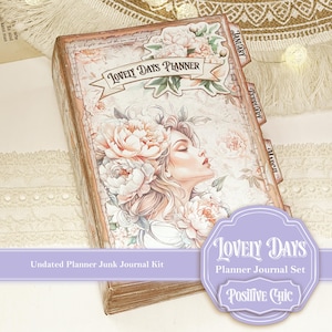Puede incluir: Una agenda decorativa con un diseño floral y el texto "LOVELY DAYS PLANNER". La portada presenta un retrato de mujer rodeada de flores. La agenda tiene pestañas mensuales y el texto "Undated Planner Junk Journal Kit".