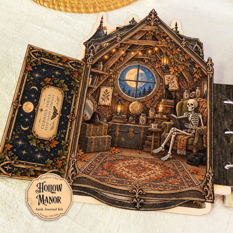 Op de afbeelding: Een junk journal kit genaamd Hollow Manor met een gestanste omslag met een donkerblauwe sterrenhemel, herfstbladeren en een label met de tekst Curious Souls Keep Good Company. De binnenkant toont een skelet dat leest in een kamer.