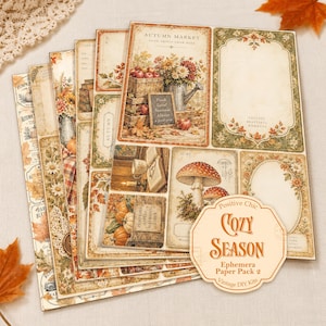May include: A collection of rectangular paper sheets featuring autumn-themed illustrations of pumpkins, mushrooms, flowers, and vintage labels. An octagonal label on the front reads: Positive Chic COZY SEASON Ephemera Paper Pack 2 Vintage DIY Kits.
