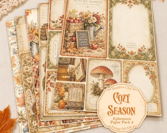 May include: A collection of rectangular paper sheets featuring autumn-themed illustrations of pumpkins, mushrooms, flowers, and vintage labels. An octagonal label on the front reads: Positive Chic COZY SEASON Ephemera Paper Pack 2 Vintage DIY Kits.