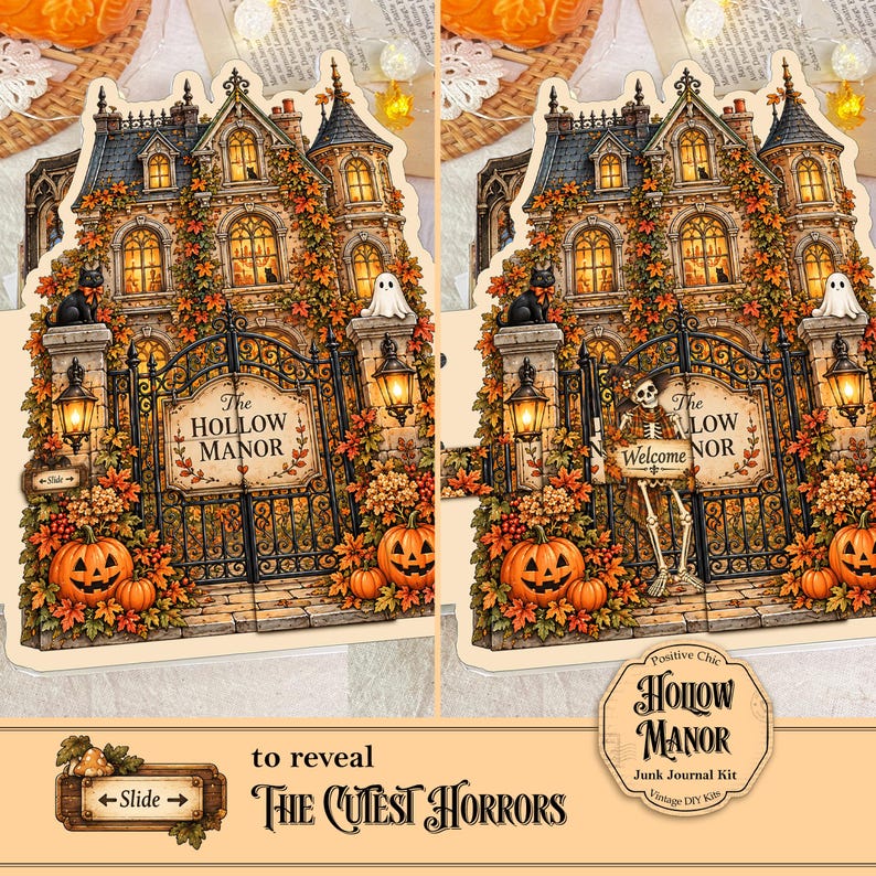Op de afbeelding: Een gestanste papieren knutselset met The Hollow Manor, een huis met meerdere verdiepingen, herfstbladeren, pompoenen, een zwarte kat en een geest. Een schuifmechanisme bij de poort onthult een skelet met een welkomstbord.