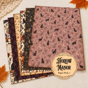 Peut inclure: Un ensemble de cinq feuilles de papier décoratives avec des motifs de chats noirs, de croissants de lune, de citrouilles et de fleurs dans des tons violet, noir et crème. Une étiquette octogonale indique Positive Chic HOLLOW MANOR Paper Pack 1 Vintage DIY Kits.