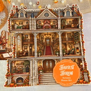Könnte beinhalten: Ein mehrstöckiges Puppenhaus-Set mit detaillierten Innenräumen, einer großen Treppe und herbstlichen Laubakzenten. Ein orangefarbenes Etikett zeigt den Text: Positive Chic HARVEST HOLLOW Autumn House Kit Vintage DIY Kits.