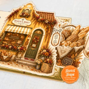May include: A die-cut paper craft sheet featuring a Hearth & Honey Bakery storefront with yellow walls, a striped awning, and a green door. Beside it, a basket of bread is labeled Fresh Bread Cakes & Good Things. Includes a Harvest Hollow label.
