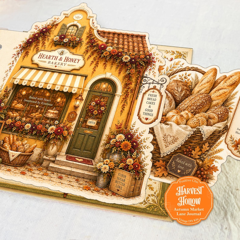 May include: A die-cut paper craft sheet featuring a Hearth & Honey Bakery storefront with yellow walls, a striped awning, and a green door. Beside it, a basket of bread is labeled Fresh Bread Cakes & Good Things. Includes a Harvest Hollow label.