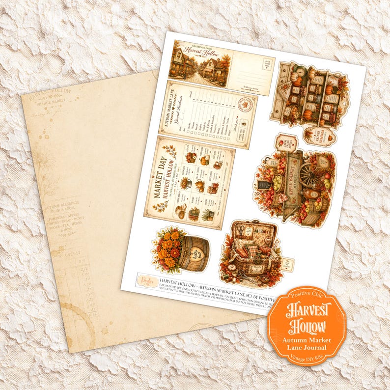 May include: A collection of Harvest Hollow themed paper ephemera featuring vintage-style illustrations of autumn market scenes, a pantry shelf, a picnic basket, and floral arrangements. The set includes printed lists, postcards, and labels.