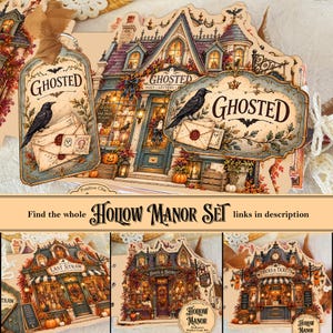 Op de afbeelding: Een collectie van gestanst papier-ephemera met gedetailleerde illustraties van winkels in Halloween-thema. De ontwerpen bevatten een Ghosted-postkantoor, The Last Straw, Boos & Books en Tricks & Tickets, versierd met pompoenen, raven en brieven.