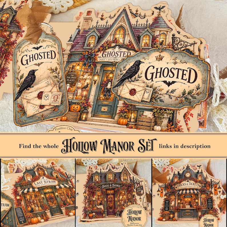 Op de afbeelding: Een collectie van gestanst papier-ephemera met gedetailleerde illustraties van winkels in Halloween-thema. De ontwerpen bevatten een Ghosted-postkantoor, The Last Straw, Boos & Books en Tricks & Tickets, versierd met pompoenen, raven en brieven.