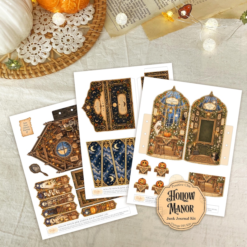 Op de afbeelding: Drie vellen bedrukt papier voor een Hollow Manor junk journal kit met illustraties van een serre, pompoenen, skeletten en nachtelijke hemelpatronen. Een zeshoekig label met de tekst Hollow Manor Junk Journal Kit is inbegrepen.