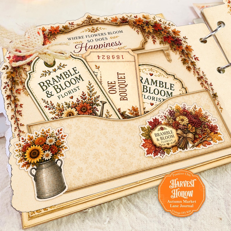May include: A scrapbook page featuring cream-colored paper with autumn-themed floral illustrations, a tag labeled Bramble & Bloom Florist, a ticket reading One Bouquet, and a metal milk can graphic. Text includes Where Flowers Bloom So Does Happiness.