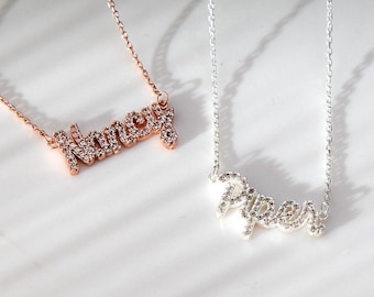 Custom Pave Diamond Name Necklace, Personalized Jewelry, Script Style