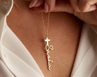 Kreuz Halskette mit Namen, Gold Name Kreuz Halskette, Sterling Silber Kreuz Halskette, personalisierte Taufe Geschenk, christliche Geschenke