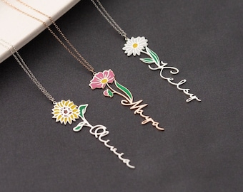 Collier fleur de naissance personnalisé Collier prénom personnalisé Collier prénom floral Bijoux prénom personnalisés, cadeaux personnalisés pour elle, cadeaux d'anniversaire